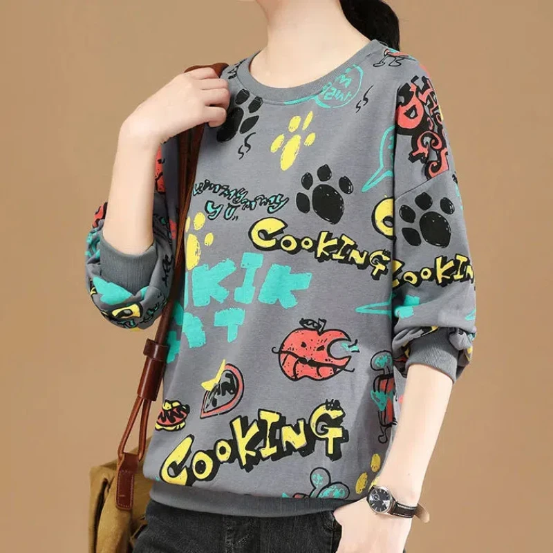 Women\'s Clothing Spring Autumn Round Neck Pullover Lantern Long Sleeve Letter Cartoon Printing Casual Office Lady Classic Tops