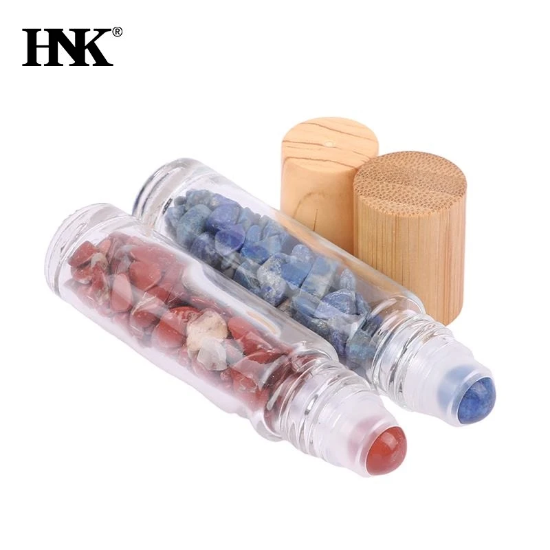 10ml Roll On Bottle With Gemstone Roller Ball Crystal Chips Inside Glass Rolle Essential Oil Sample Container Bamboo Lids