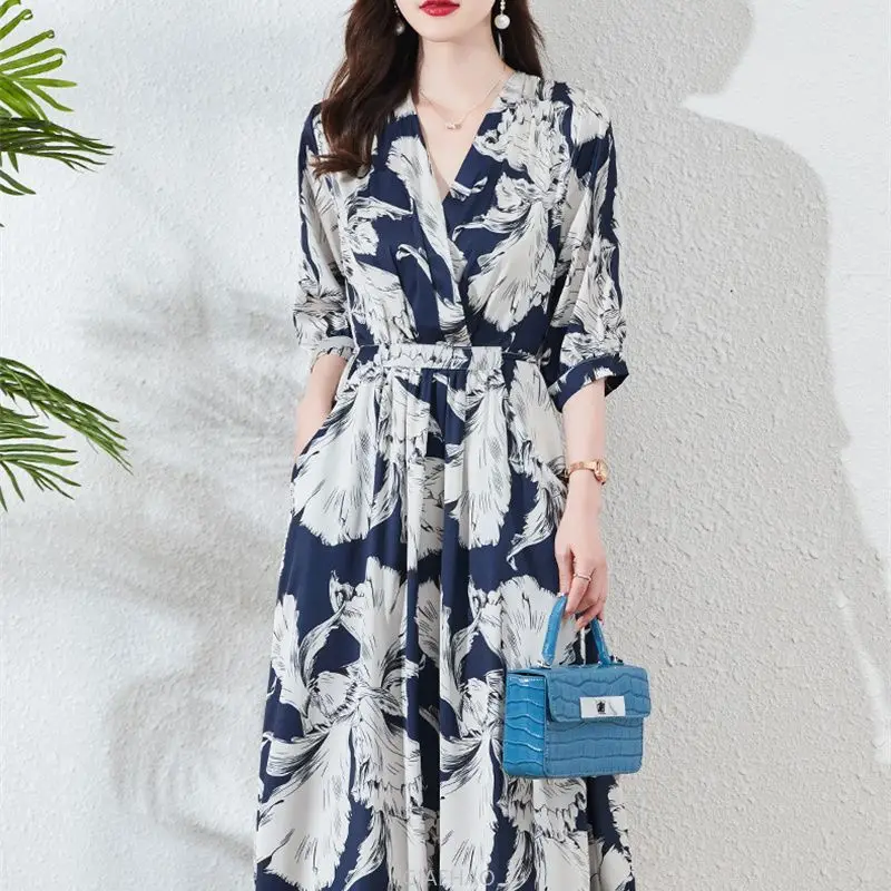 

2025 Women High Quality Elegant V-neck Loose Long Dress New Mulberry Silk Dress Natural Fiber Office Lady Dresses Fashion Summer