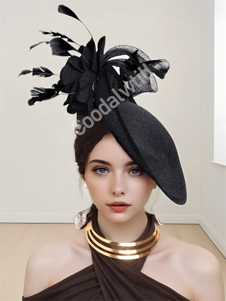 

Black Flower Hair Pillbox Fascinator Women Church Hat Ladies Wedding Headpiece Feather Derby Race Millinery Cap Party Tea Hats