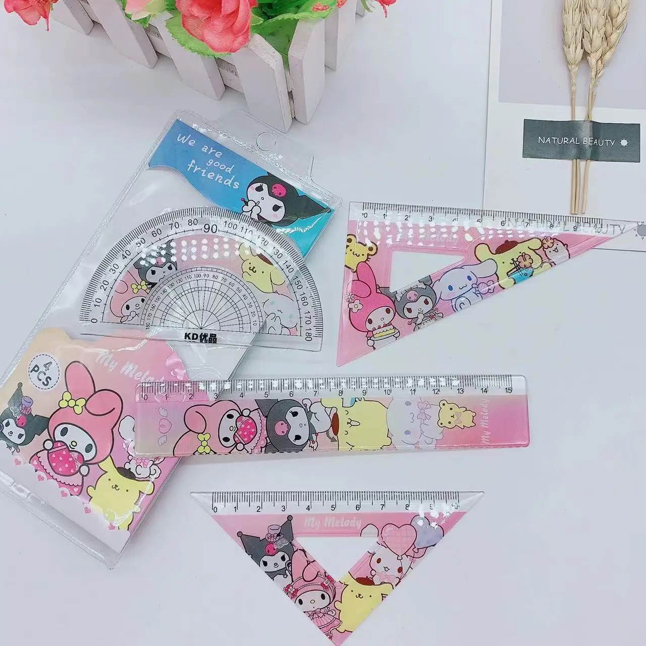 4pcs Creative Ruler Set Student Study Stationery HelloKittys Ruler Triangle Protractor Set School Supplies Wholesale Kid Gift