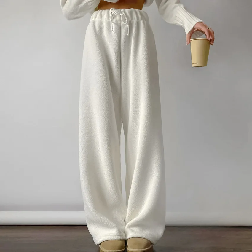 

2025 Autumn Winter Fashion Warm Thick Fleece Casual Long Pants with Drawstring Mid-Waist Loose Wide-Leg Pants for Women