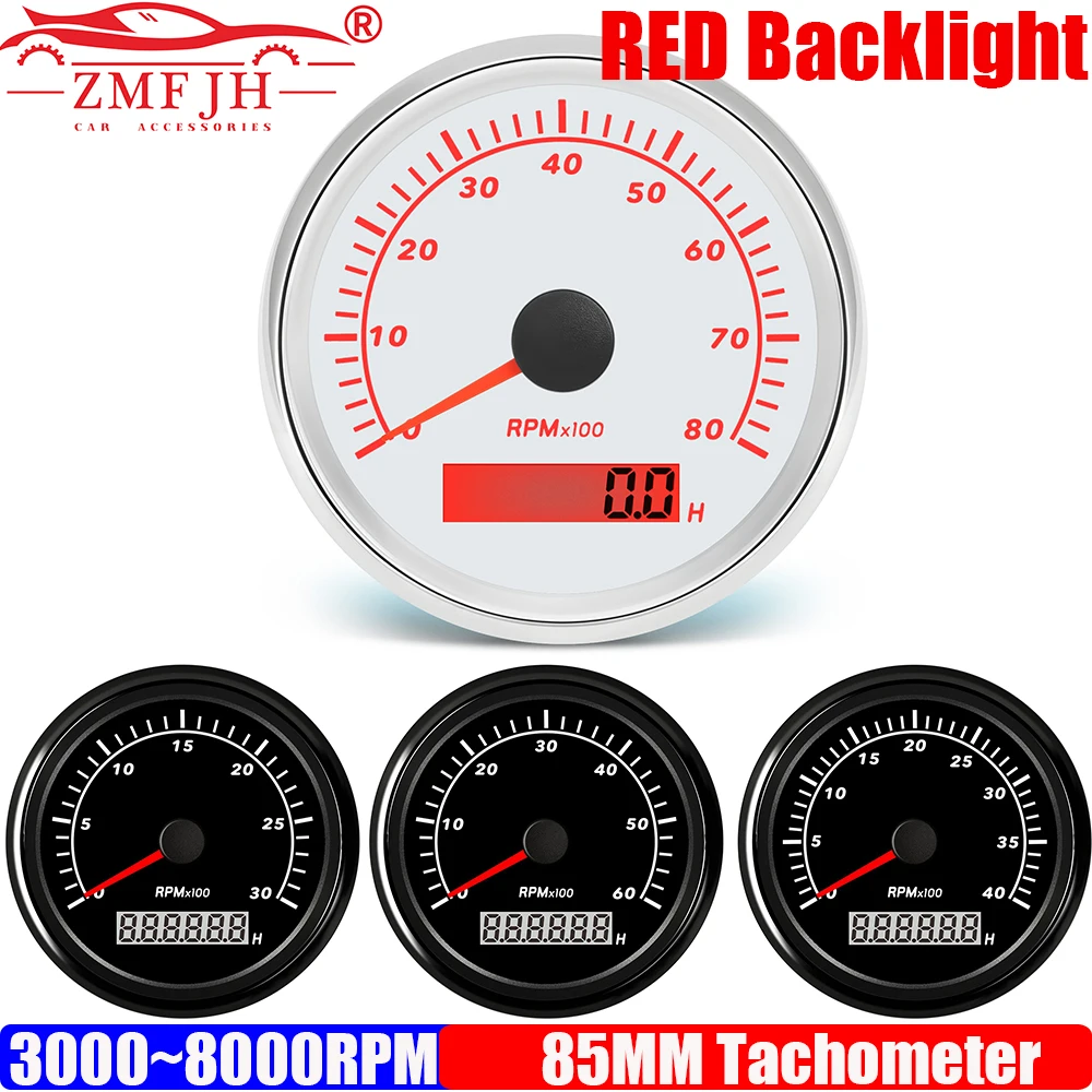 

ZMFJH 85MM Tachometer 3000RPM,4000RPM,6000RPM,7000RPM,8000RPM Auto Car Tacho Gauge Red Light for Inboard Outboard Engine Boat