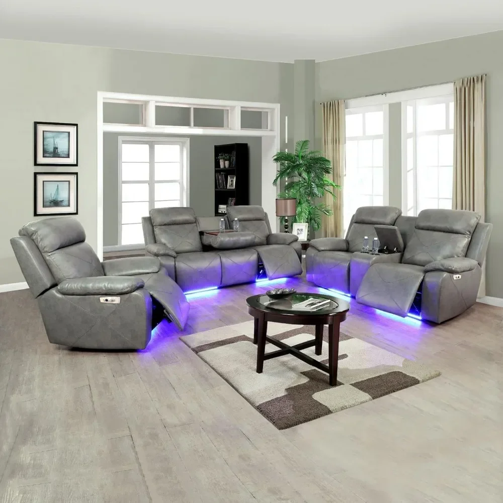 

Sofa, Grey Breathing Leather 3-Piece Couch Living Room Sofa Set, Sofa Living Room, Durable Construction Recliner Sofas