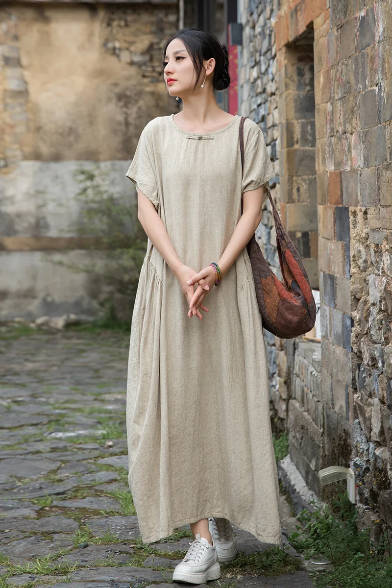 

Tie Dye Long Dress Loose Cotton Linen Cap Sleeve Oversize Dresses