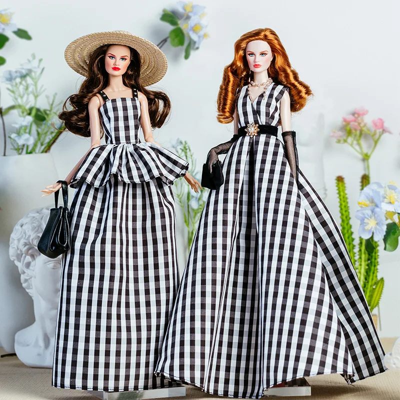 32cm Supermodel Doll Clothes Suit European Fashion Vintage Black and White Plaid Dress Set Princess Girl DIY Toy Collector Gifts