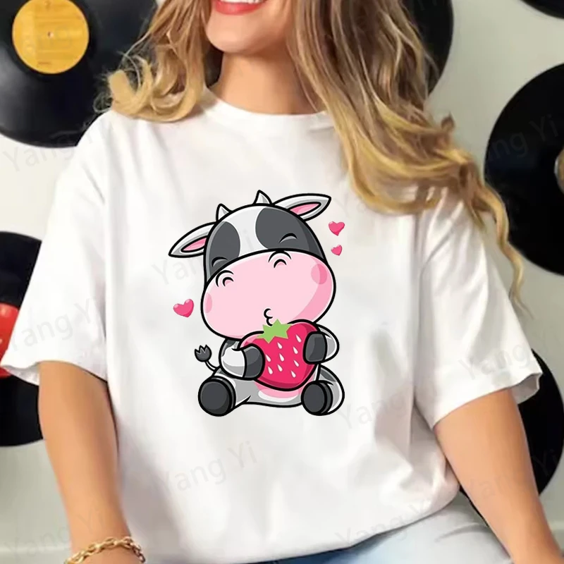 Q-version Cartoon Cow Strawberry Pattern Printed T-Shirts Women Men Short Sleeve Funny Round Neck Tee Shirt Casual Summer Tops