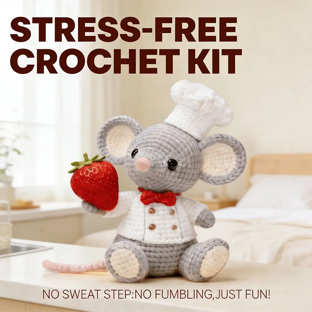 Kit de Crochet de Ratón Chef para Adultos Principiantes, Kit de Arte y Manualidades sin Estrés para Adultos, Regalo DIY, Set de Crochet de Animales para Novatos