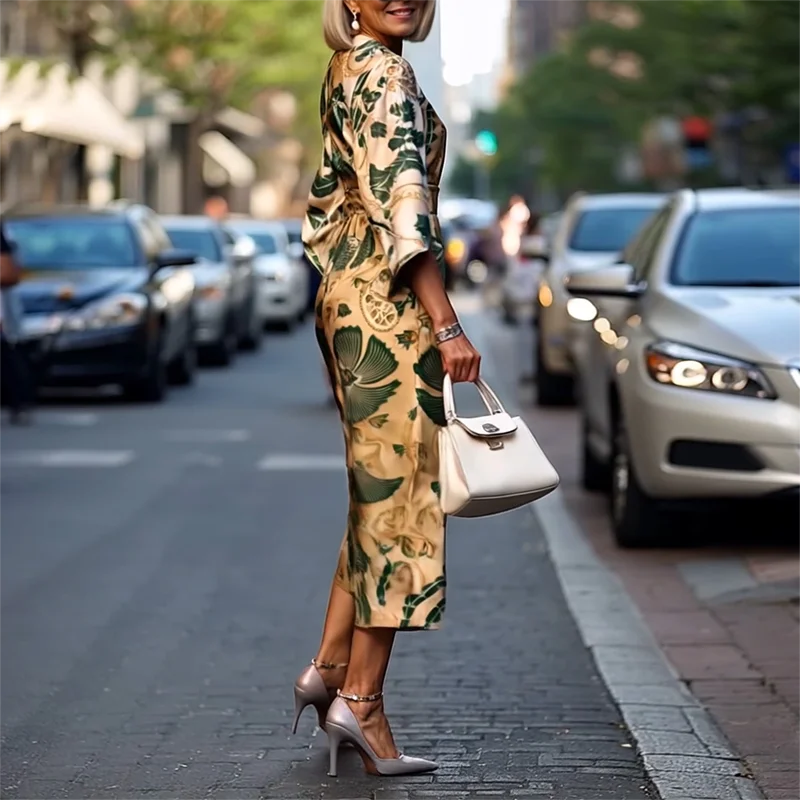 Casual Slim Pattern Print Office Lady Dress Chic O Neck Flare Sleeve Boho Long Dress Summer Vacation High Waist Woman Prom Dress