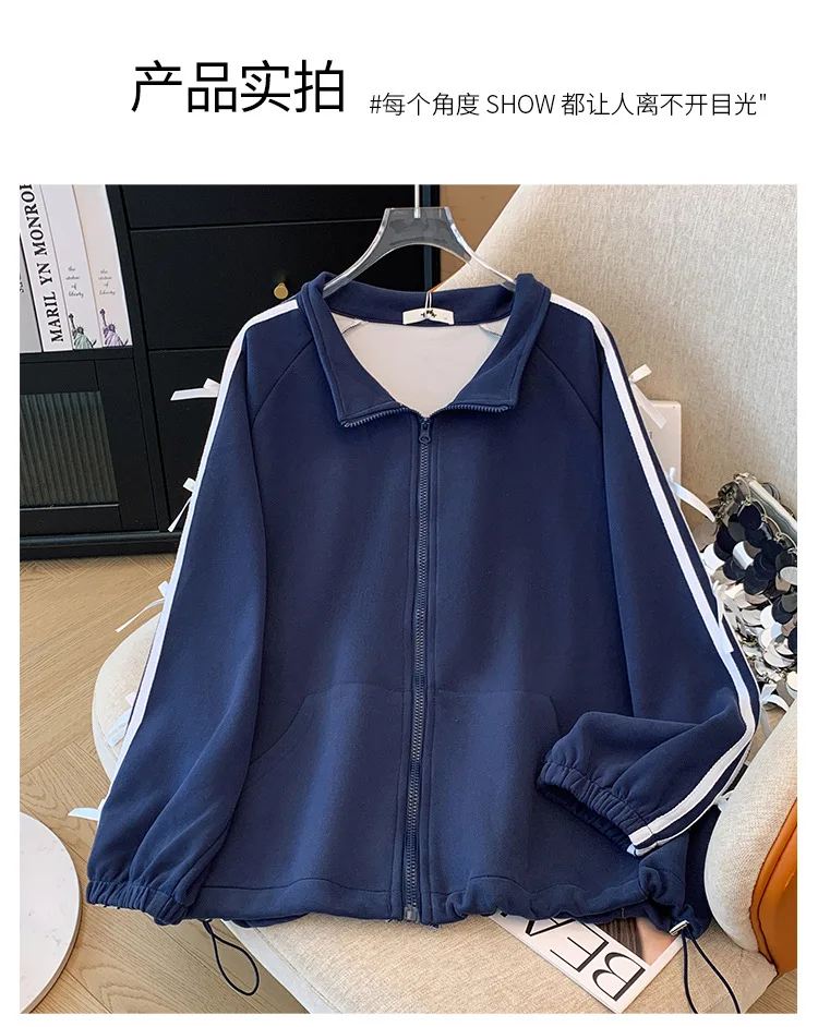 150Kg Plus Size Women's Bust 161 Spring Autumn Loose Bow Striped Jacket Tie Flower Long Sleeved Top Blue 5XL 6XL 7XL 8XL 9XL