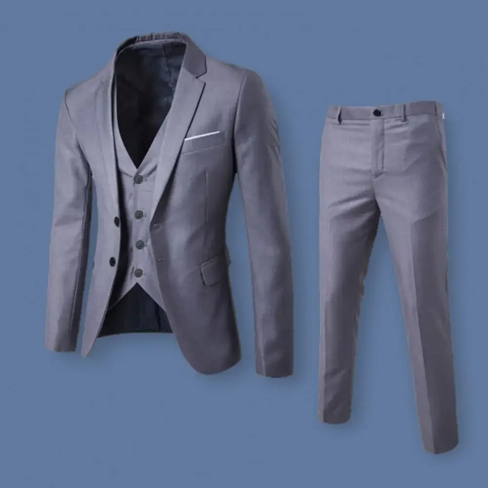 Men Suit Set Formal Business Office Meeting Men's Suit Set Slim Fit Solid Color Anti-wrinkle Jacket Vest Pants for Groom Wedding