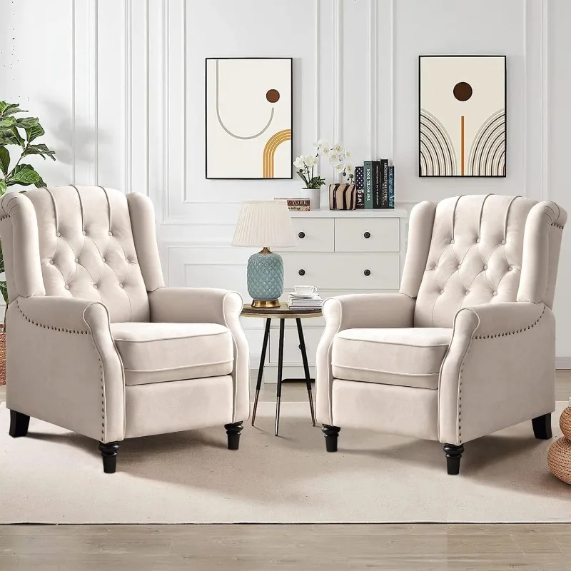 Push Back Recliner Chair, Elizabeth Fabric Recliner Armchair with Wing Back, Padded Seat and Nailhead Trim