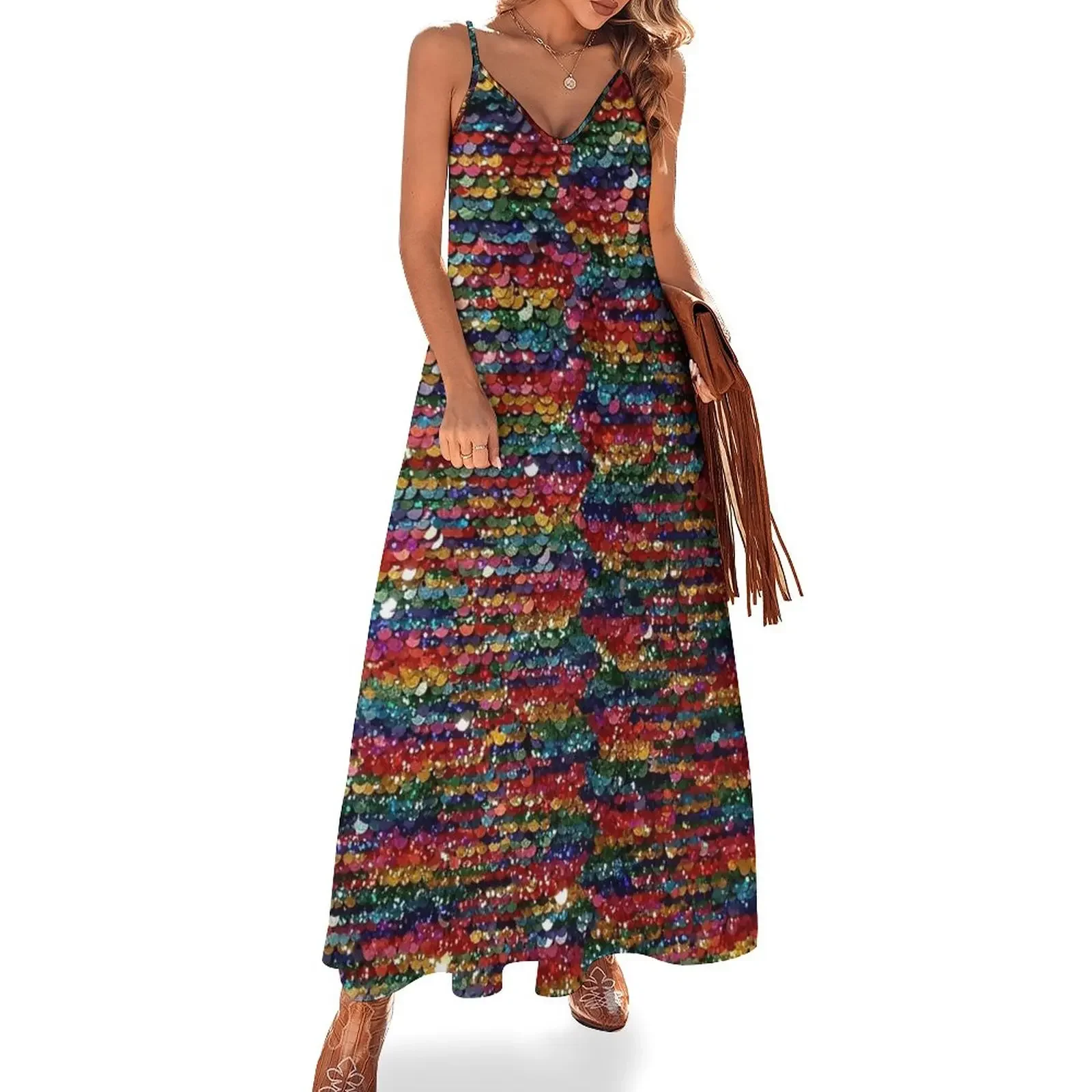 

Rainbow Sequins Sparkle Vibrant Rainbow Sleeveless Dress summer women's suit women party dresses