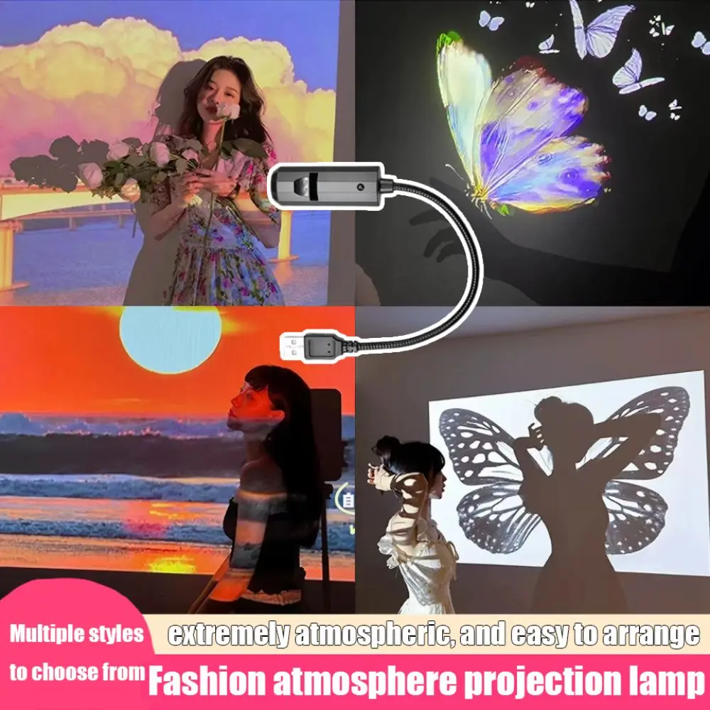 Various Styles Sunset Projection Light Interchangeable Slides 360 Degree Rotating Romantic Decor Light Flexible Neck USB Powered