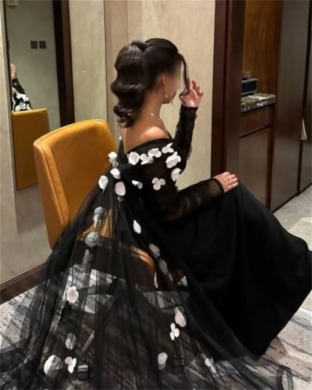 Customized Evening Dress Classic Black Jersey Strapless Off the Shoulder Long Sleeves Watteau Train Appliques Ruched Prom Gowns