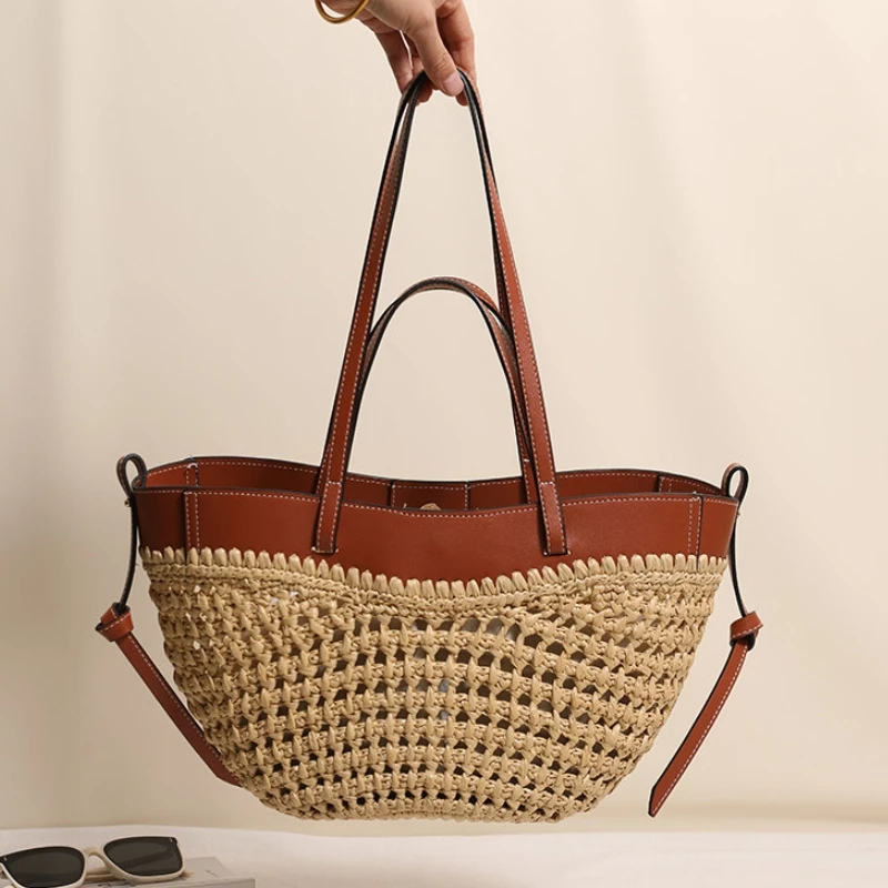 

Large-capacity Hollow Out Design Single-shoulder Woven Bag New Style Hand-held Fashionable PP Straw Woven Bag Vacation Beach Bag