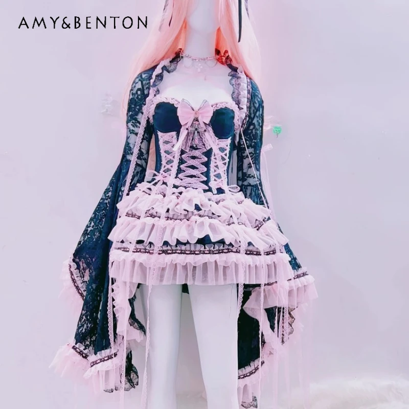 

Gothic Design Pink Sexy Hot Girl Kawaii Women's Vest 2025 Autumn New Sweet Cool Lace Hollow Out Mini Puffy Skirt Sets Ladies