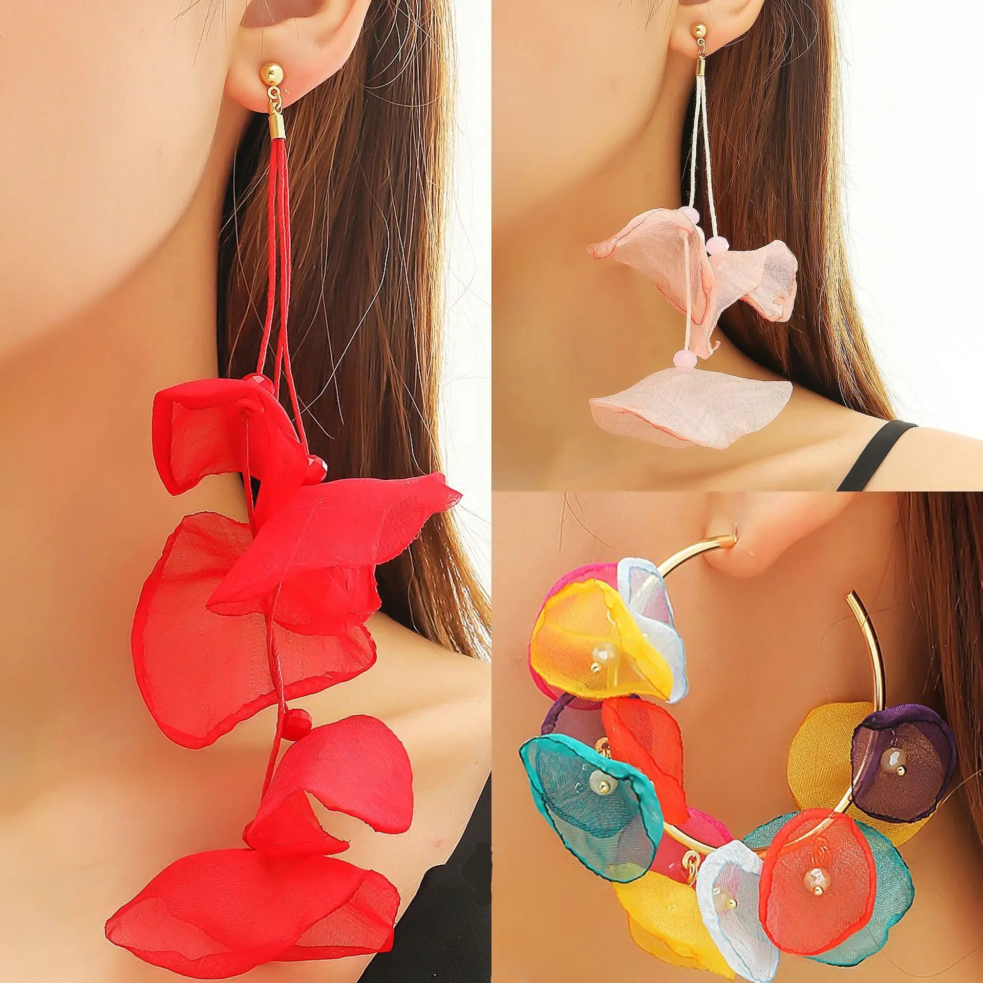 Boho Flower Fringe Earrings Red Fabric Long Statement Tassel Earrings for Women Party Wedding
