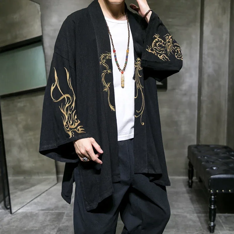 Fashion Costume Embroidery Hanfu Mens Chinese Style Robe Cardigan Jacket Oversized Kimono 5XL Ancient Coat Male