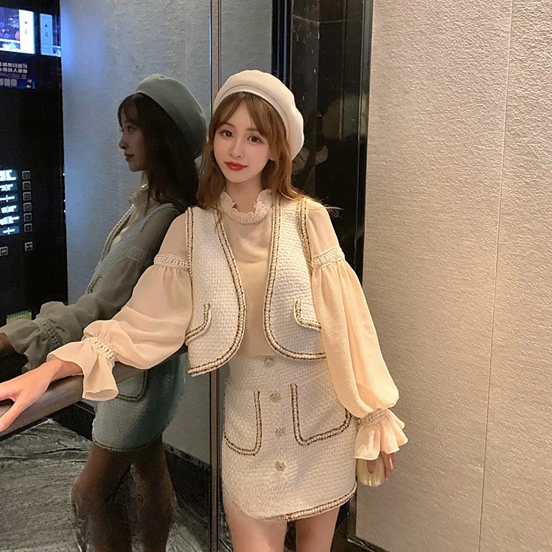 

Ice Ice Came Ele Lady Suiting Tweed Vest High Waist Skirt Set Women's 202 New Autumn Faion Ensemble