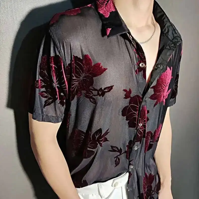 

2023 Top Blouse Social Club Outfits Party Designer Shirt Fashion Velvet Flower Shirt Men Transparent Short Sleeve Sexy Shirt Red