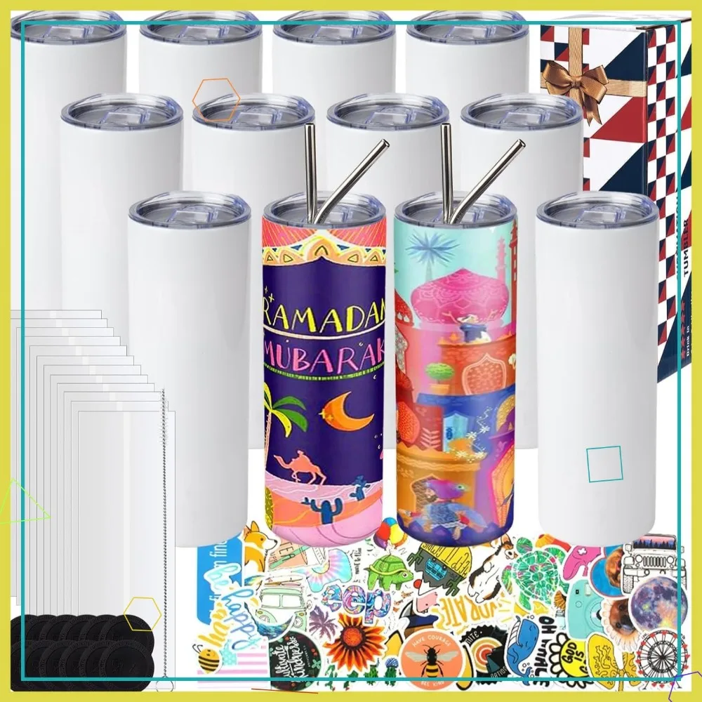 

12 Pack 20 oz Sublimation Tumblers, Stainless Steel Skinny Straight Cups with Lids & Straws