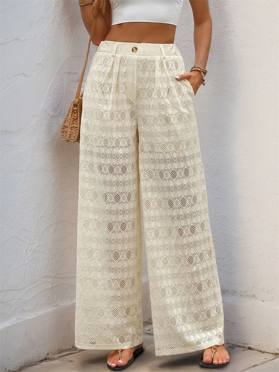 Pantalon en dentelle pour femmes, transparent, taille haute, jambes larges, avec poches, Streetwear décontracté