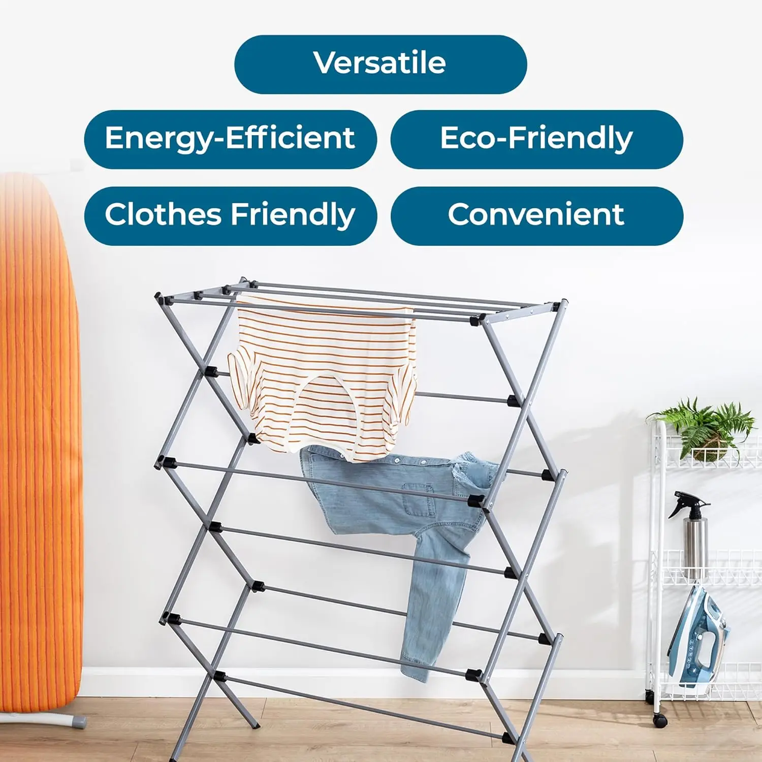 Foldable Laundry Drying Rack, Steel, 50lb Capacity, Portable & Space-Saving, Silver