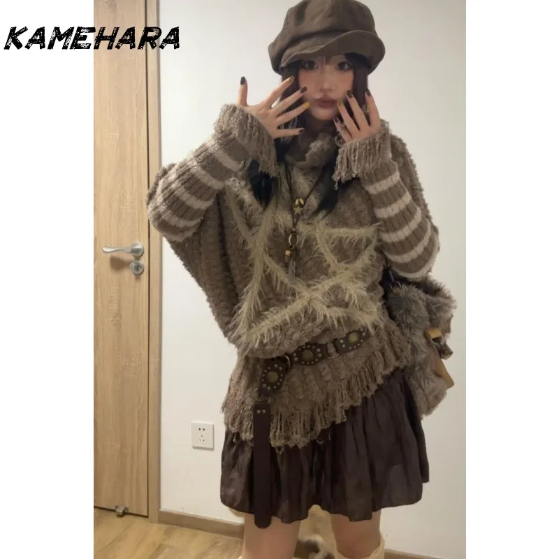 

KAMEHARA Япония Y2k осень/зима новый ретро панк-стрит Rebellious Wandering Feeling пентаграмма в полоску свободный вязаный свитер женский