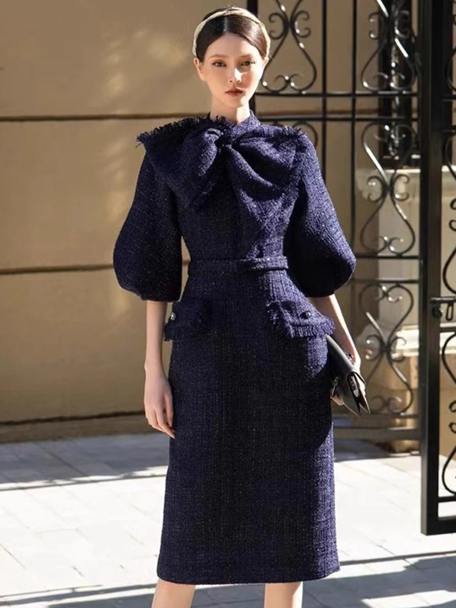 

Элегантное повседневное платье-футляр с клетчатым узором и узлом, из шерстяного материала, синее, для стройных фигур