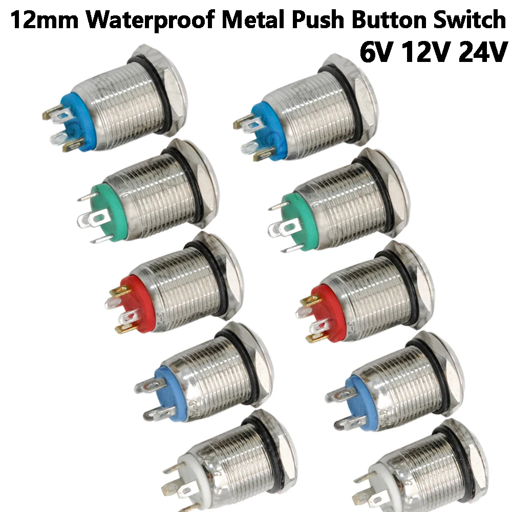 Interrupteur à bouton-poussoir métallique étanche 12mm 6V 12V 24V rouge bleu avec lumière LED, momentané ou à verrouillage, pour moteur de voiture, vert bleu