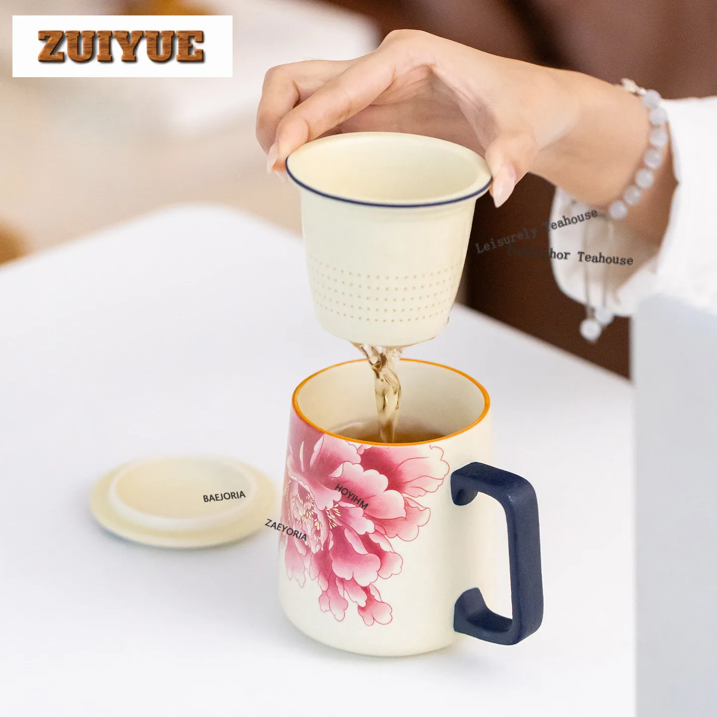 400ml Underglaze Colour Red Peony Filter Tea Separator Cup Antique Tea Mug With Infuser Tea Soaking Office Water Cup Ornaments