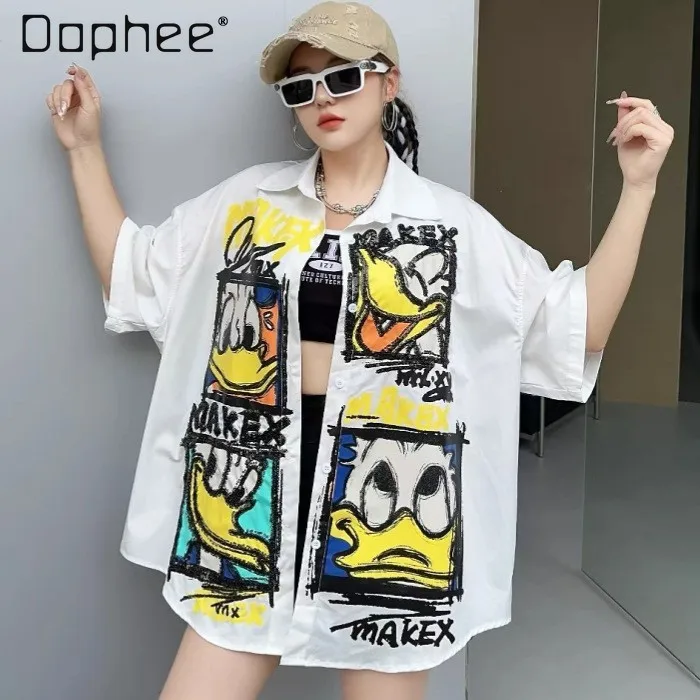 

2025 Spring Summer Loose Color-Block White Shirt for Women with Cartoon Sequin Print Short Sleeve Tops Single-Breasted