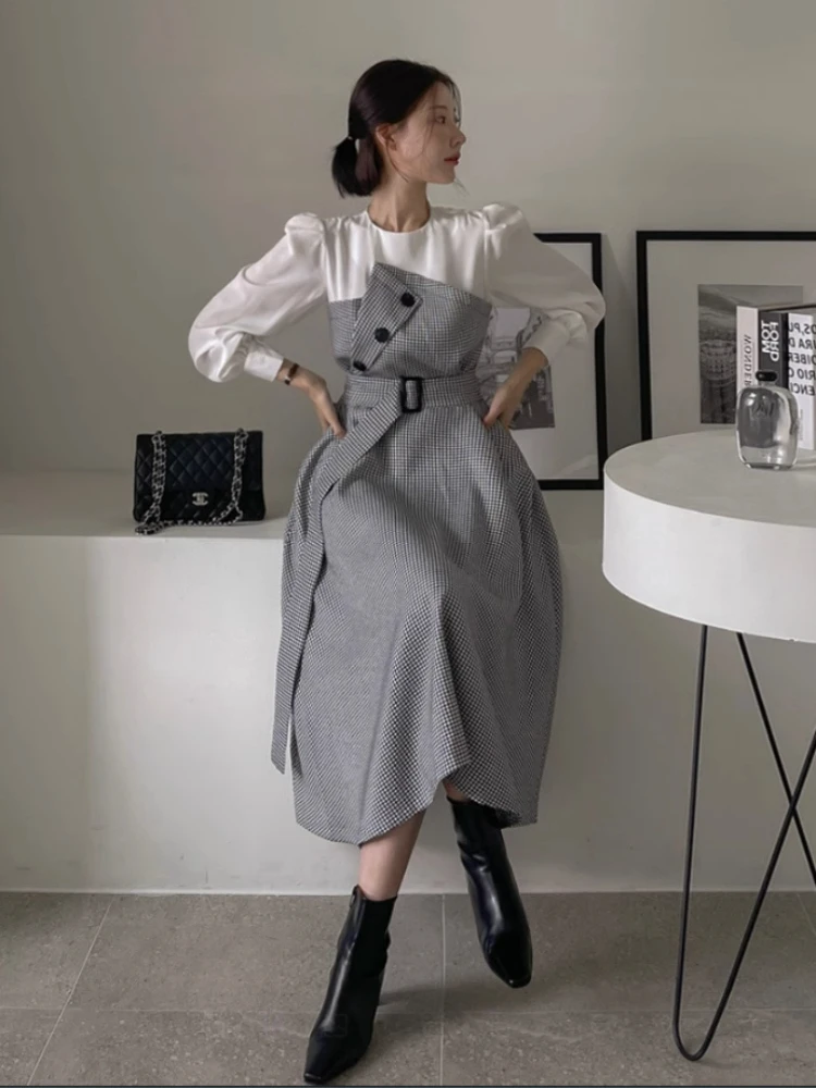 الخريف الرجعية جولة الرقبة وهمية قطعتين الربط اللباس الكورية العصرية تصميم عالية الخصر منقوشة فستان طويل الأكمام OL نمط فساتين