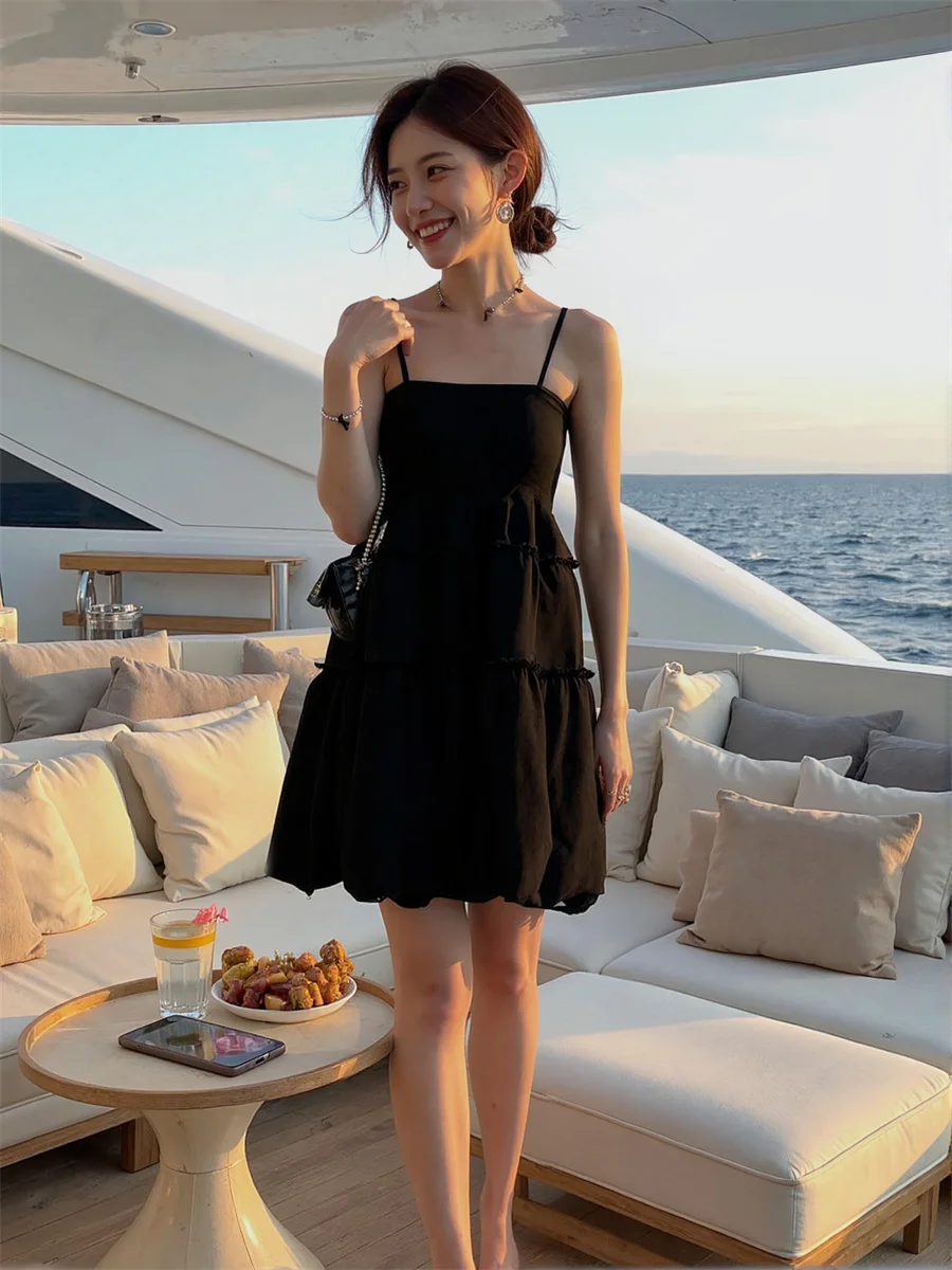 女性用ドレス 女性用 ショートブラックドレス ノースリーブ ボヘミアン プレッピー 韓国風 ヨーロッパ系 アメリカ系 中国風 エスニック エキゾチック ハイ