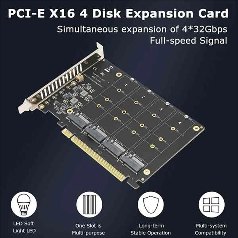 PCI-E 4 Port M.2 NVMe SSD to PCIE X16M Key Hard Drive Converter Disk Reader Expansion Hard Disk Card 4 x 32Gbps Transfer Speed