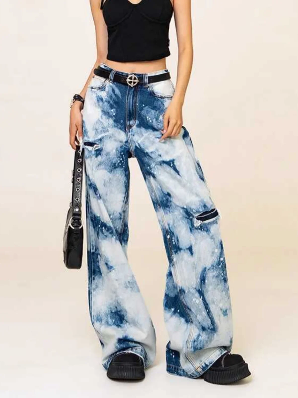 

Blue Graffiti Tie Dye Women Jeans High Waist American Vintage Streetwear Y2K Wide Leg Jean Female Denim Trouser Baggy Pants