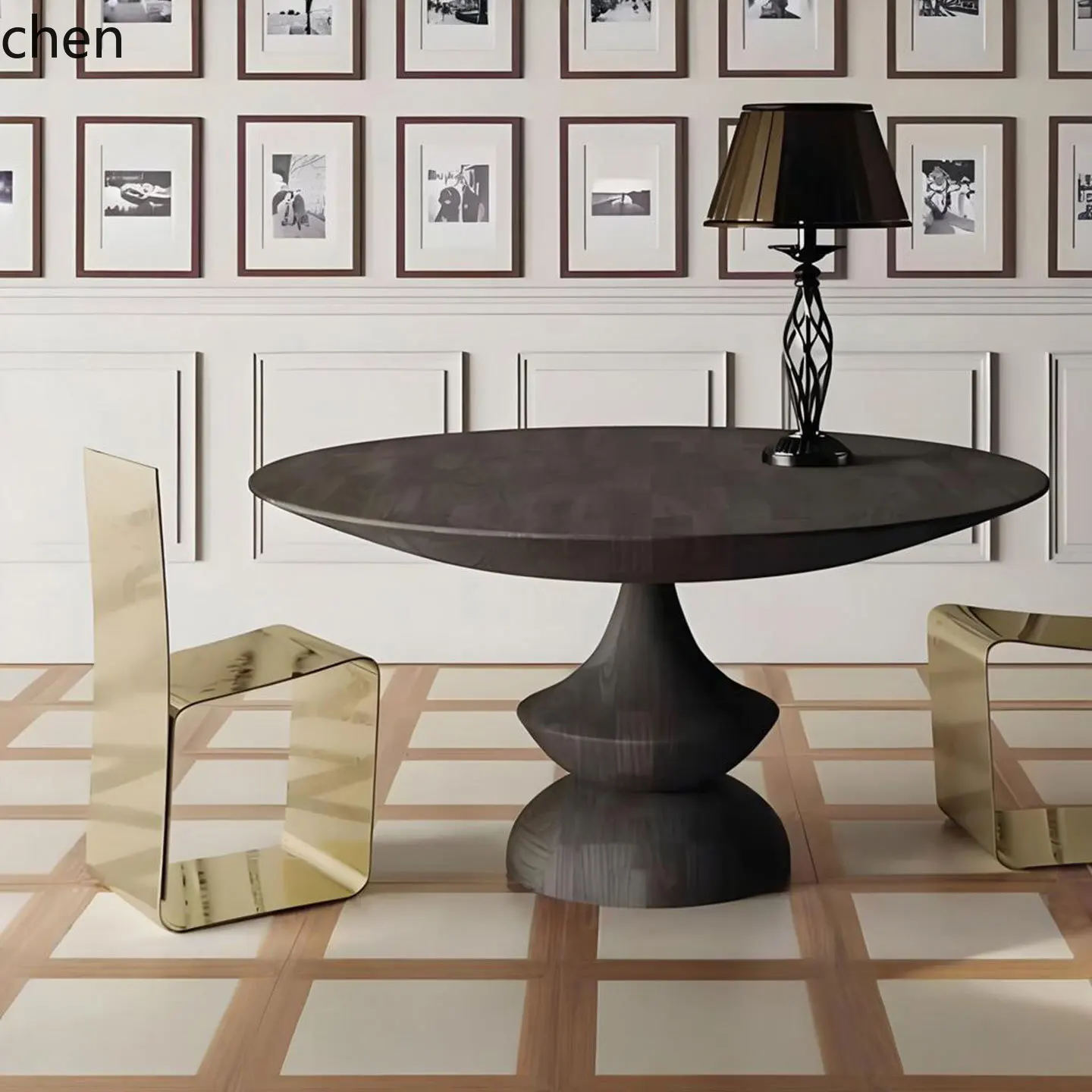 

ZML solid wood dining table retro creative club B & B restaurant carved round eating table