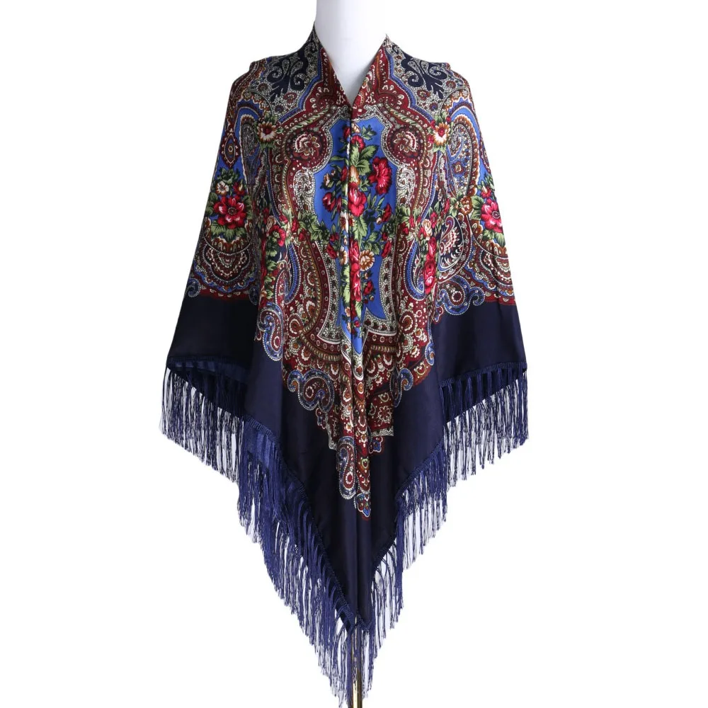 Russian Style 160x160cm Square Scarf Cotton Floral Print Shawl Wrap Tassel Extra Large Bandana Scarf Travel Use