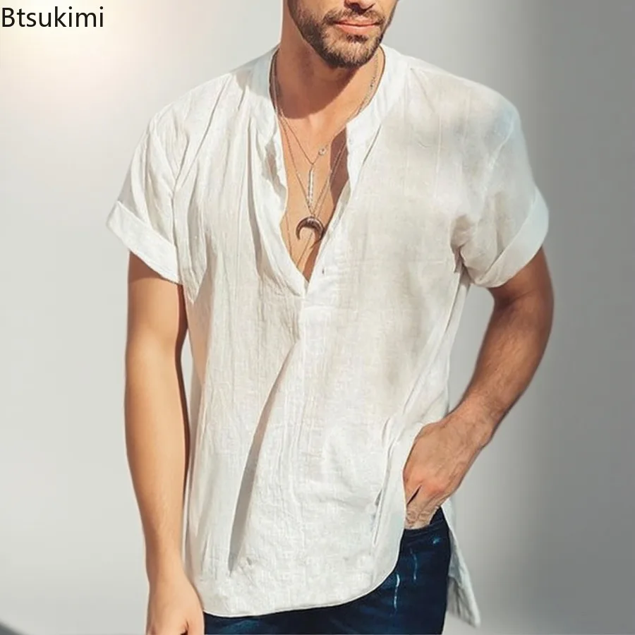

New Men's Summer Solid Color Simple Cotton Linen Shirts Trend Stand Collar Loose Casual Pullover Tops Man Daily Vacation Blouses