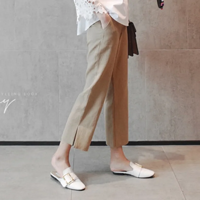 Special Offer Women's Linen Cotton Straight Leg Split Pants Nine-Tenths Commute Style Casual Trousers Artistic Natural Waist