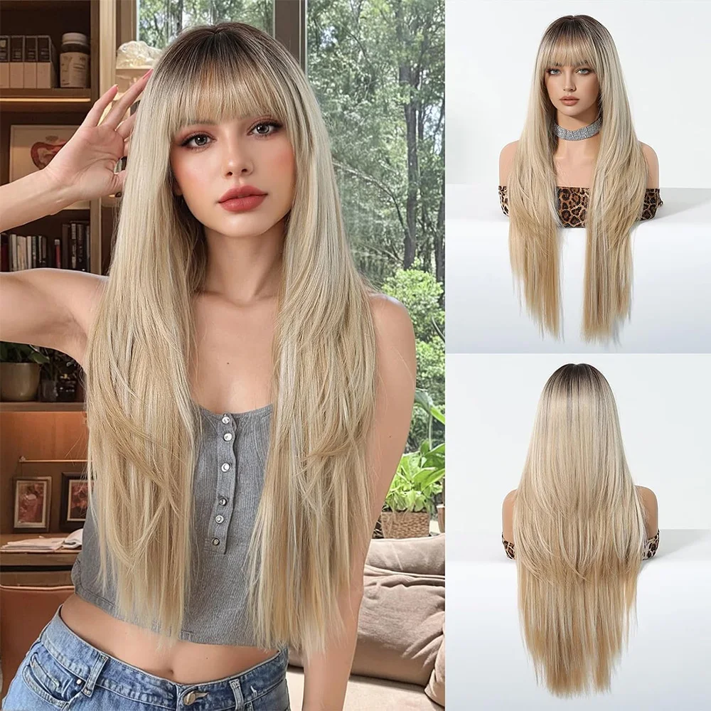 

High-Quality 27-Inch Golden Long Straight Synthetic Hair With Bangs Is A Heat-Resistant Wig Suitable For Women'S Daily Parties