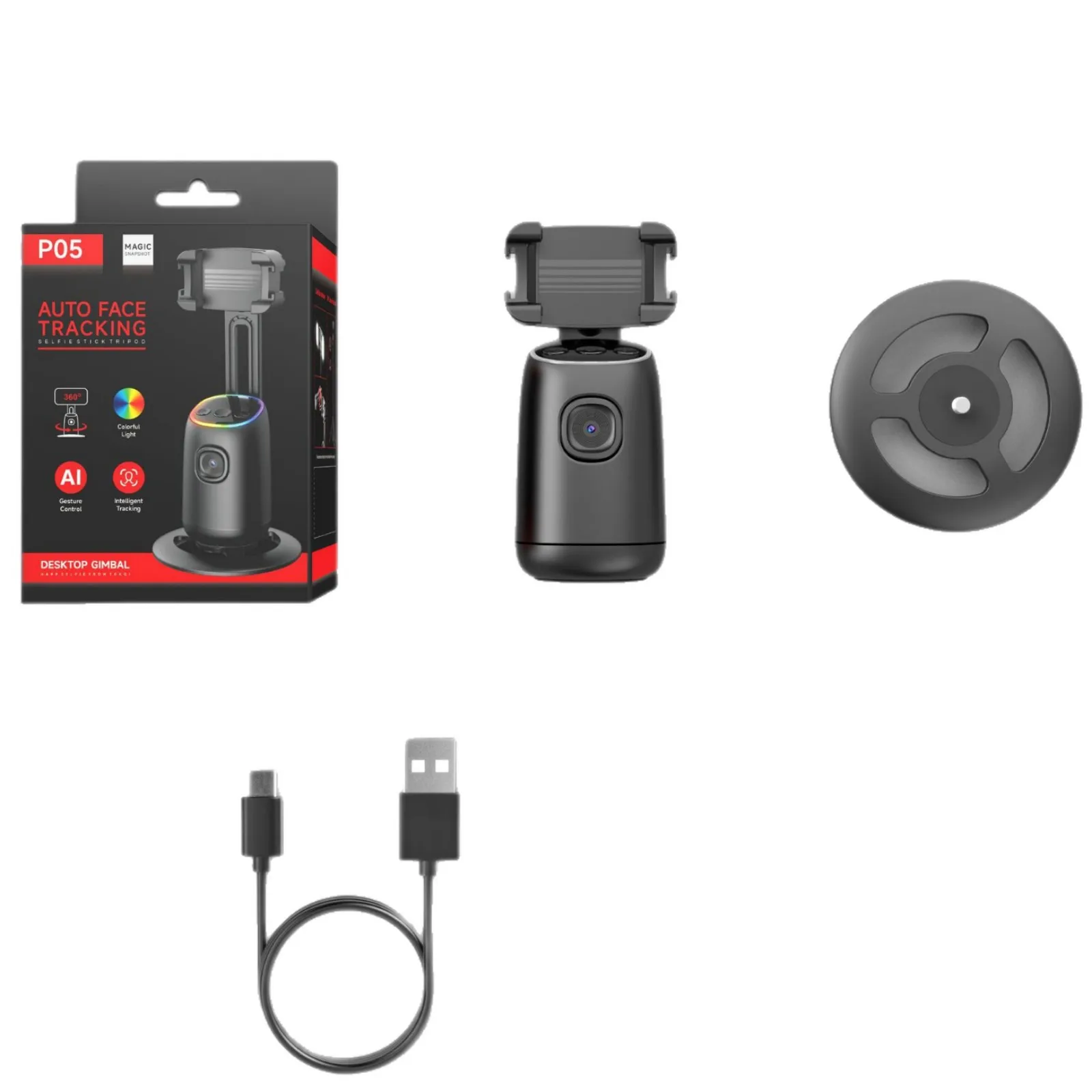 Telecamera panoramica inclinabile di follow-up del telefono P05 desktop 360 °   rotazione anti-vibrazione live streaming stand viso tracking selfie stick