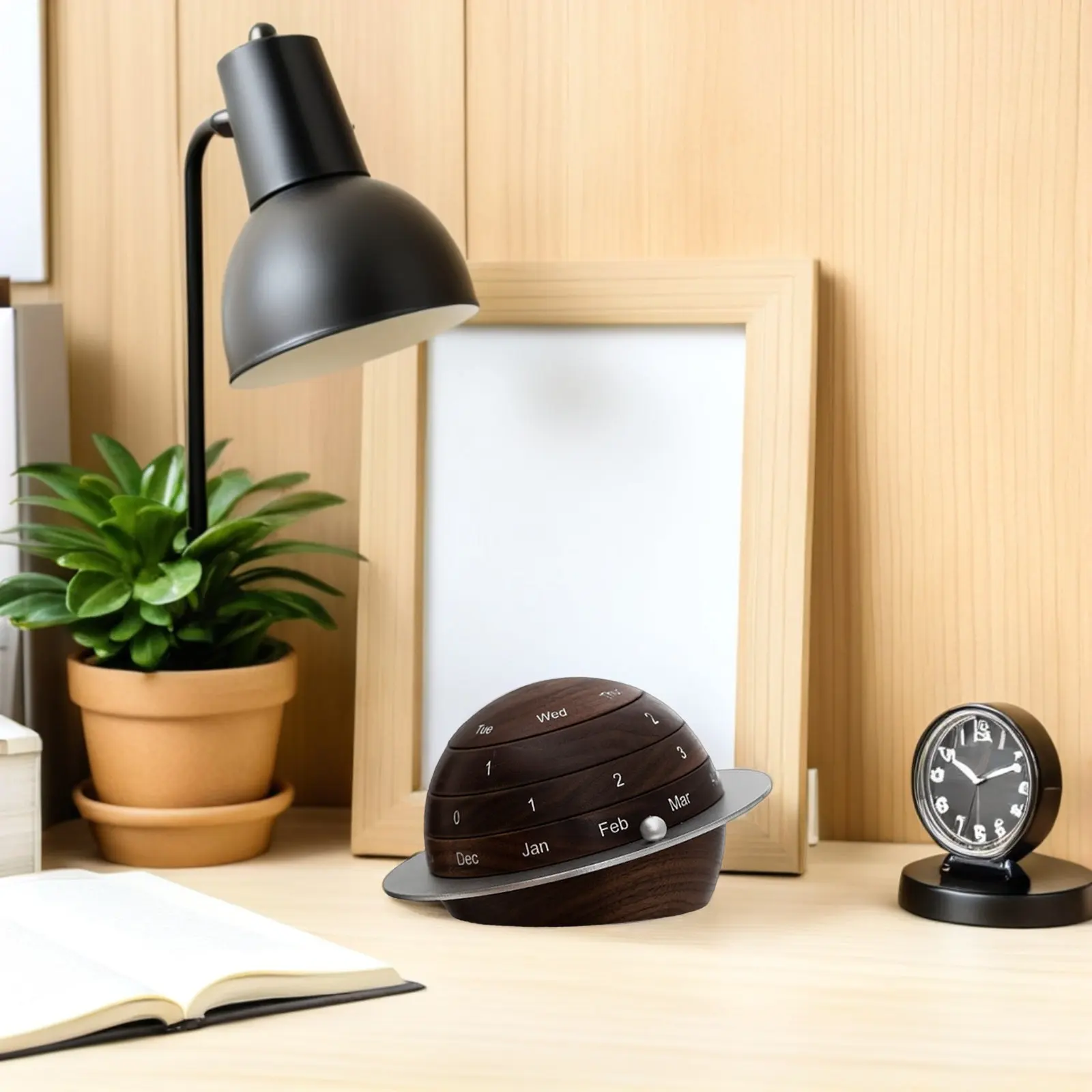

Vintage Wooden Planetary Perpetual Calendar Rotating Desktop Calendar Manual Rustic Desk Decor for Home Office Study Living Room
