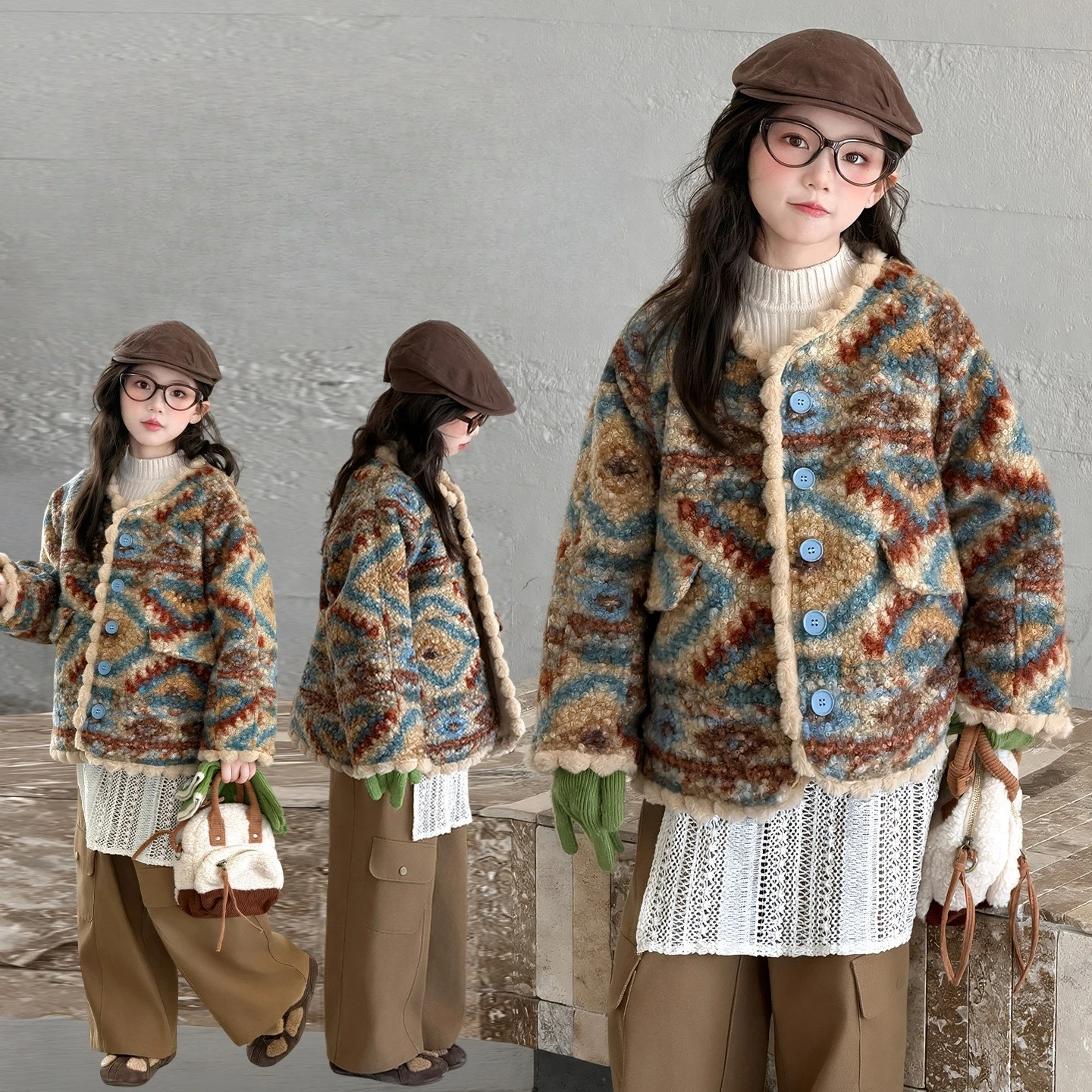 

2026 New Girls' Fleece-Lined Ethnic Style Coat, Lamb Fur Winter Jacket & Thick Outerwear for Big Kids, Cozy Cold Season Outfit