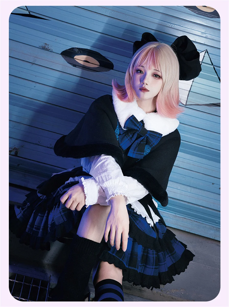 Japanese Sweet  College Style Cosplay Lolita Kawaii Girls Sk Suit Winter  Warm Grid  Ribbon Bowknot  Cute Ruffle Skirt Suit