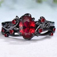 Elegant women's retro style inlaid ruby ring gun black rose branches crossed two-piece set classic wedding fashion jewelry