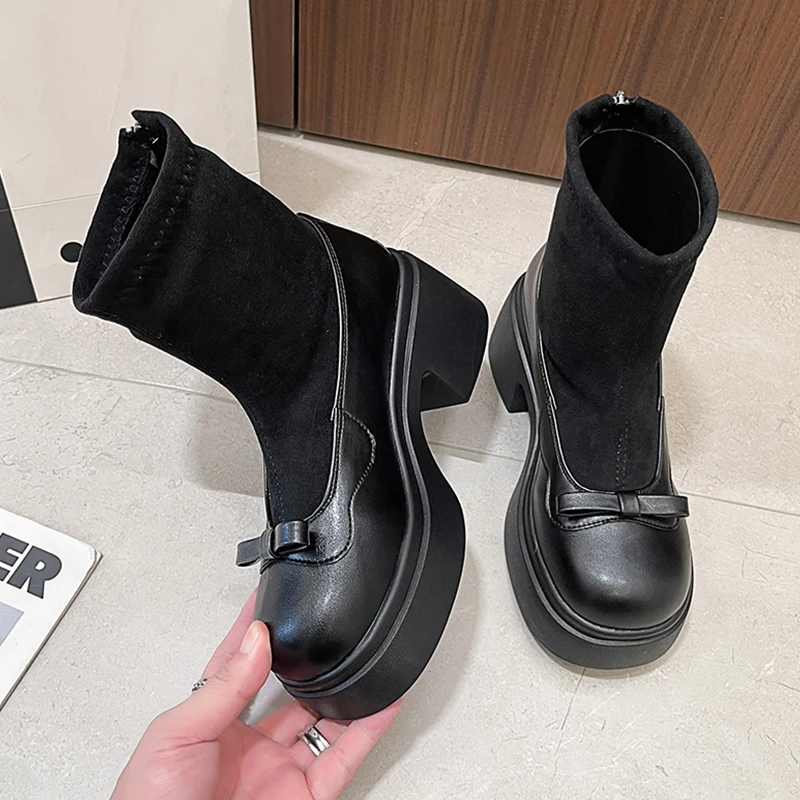 عالية الكعب القوس النساء الأحذية منصة أحذية امرأة موضة الفراء الثلوج الأحذية 2025 الشتاء أحذية مكتنزة رياضة عادية قصيرة بوتاس Mujer #5