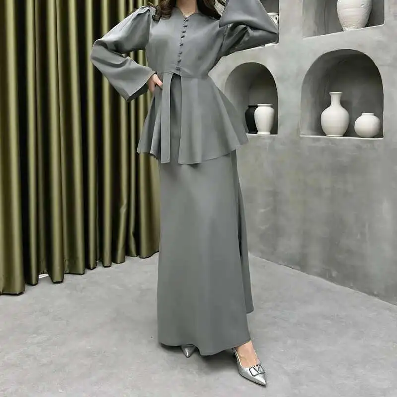 بسيطة بلون حزب الزي مزاجه أنيقة الساتان سليم قطعتين مجموعة ربيع جديد بأكمام طويلة مع فستان المرأة البدلة