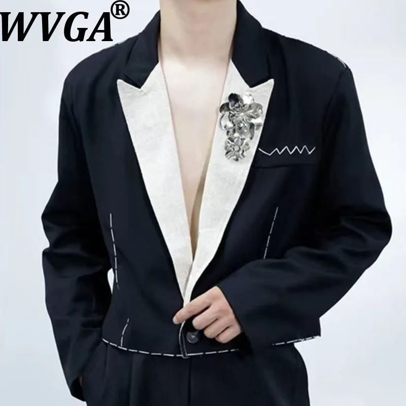 

WVGA Spring Autumn New Men Tide Line Patchwork Trendy Turn-Down Collar Suit Coat Niche Chic Casual Long Sleeve Blazer Ins W16207